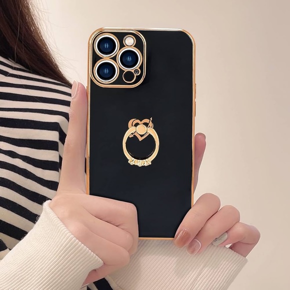 Cute IPhone Case w/ Diamond Ring Kickstand Love Heart Pattern Protection Cover - Picture 4 of 6